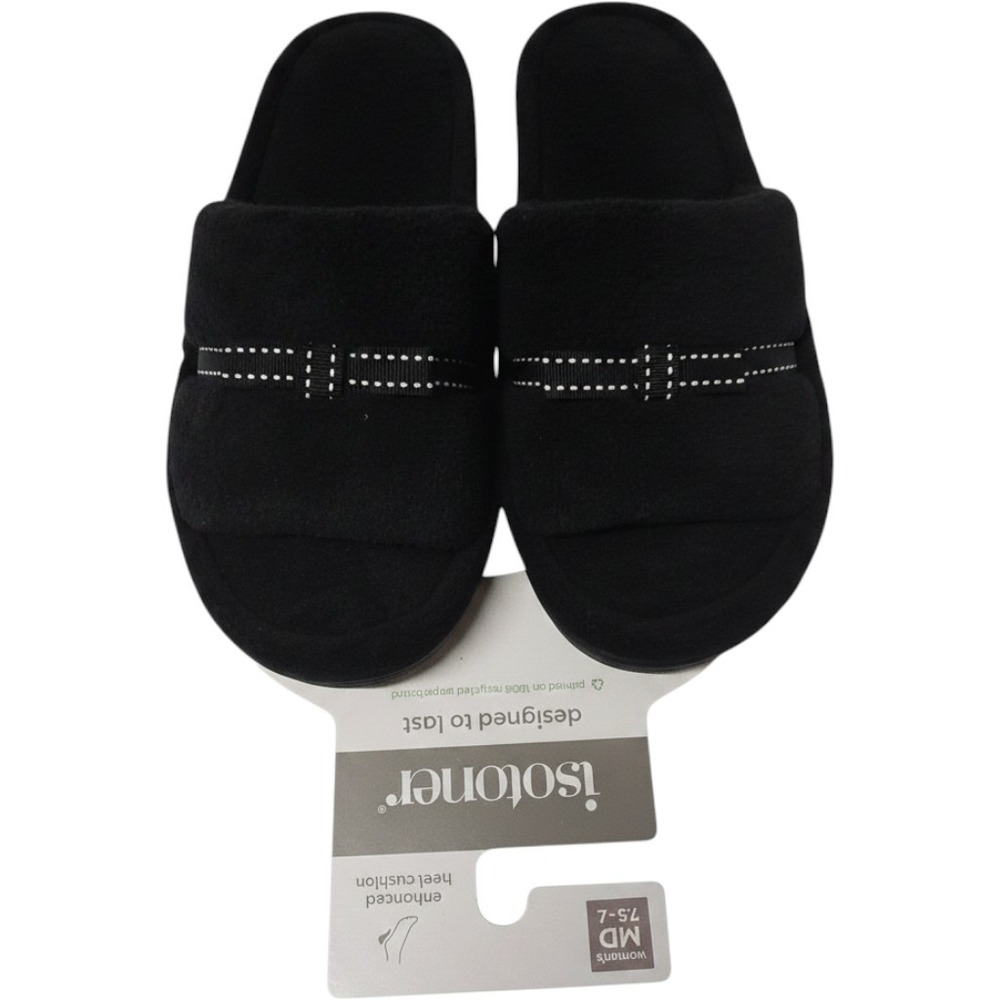 Isotoner Womens Black Terry Slide Slippers Bow Detail Heel Cushion MD 7.5-8 NWT